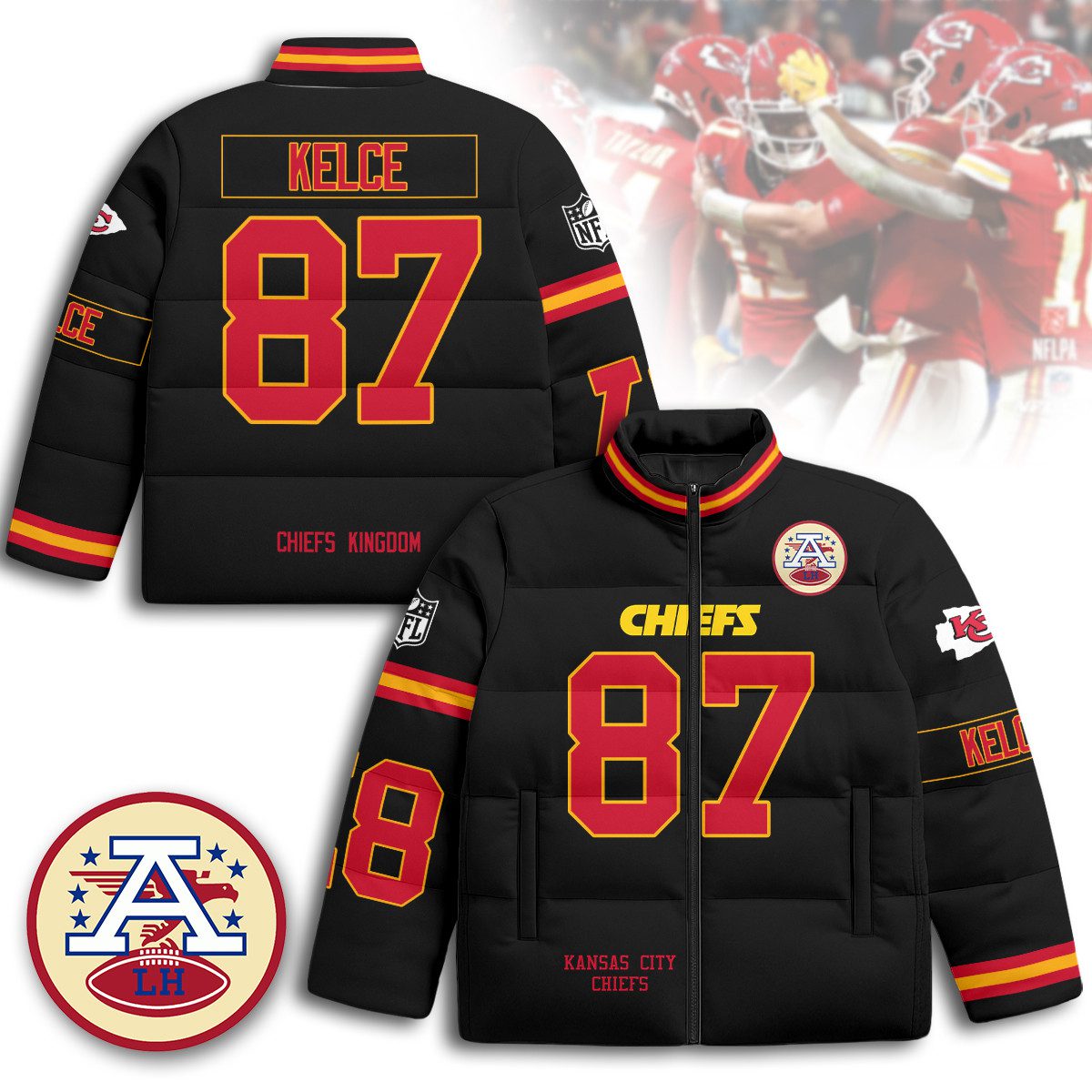 Kansas-City-Chiefs-Unisex-Stand-Collar-Puffer-Jacket-Black-Travis-Kelce-87 Kansas City Chiefs Unisex Stand Collar Puffer Jacket - Black / Travis Kelce - 87