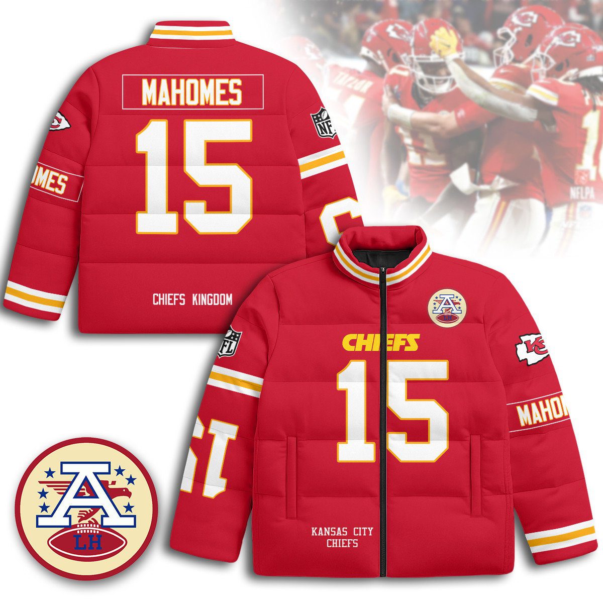 Kansas-City-Chiefs-Unisex-Stand-Collar-Puffer-Jacket-Red-Patrick-Mahomes-15 Kansas City Chiefs Unisex Stand Collar Puffer Jacket - Red / Patrick Mahomes - 15