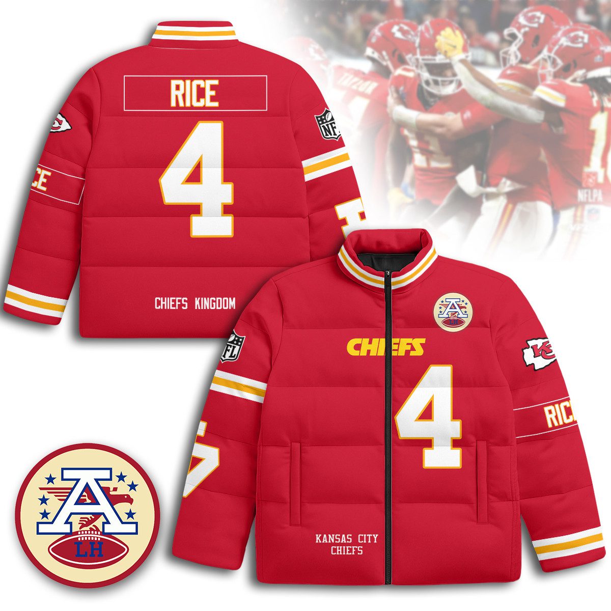 Kansas-City-Chiefs-Unisex-Stand-Collar-Puffer-Jacket-Red-Rashee-Rice-4 Kansas City Chiefs Unisex Stand Collar Puffer Jacket - Red / Rashee Rice - 4