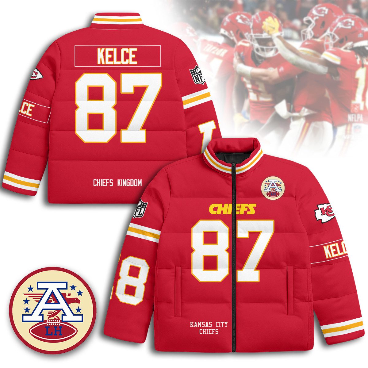 Kansas-City-Chiefs-Unisex-Stand-Collar-Puffer-Jacket-Red-Travis-Kelce-87 Kansas City Chiefs Unisex Stand Collar Puffer Jacket - Red / Travis Kelce - 87
