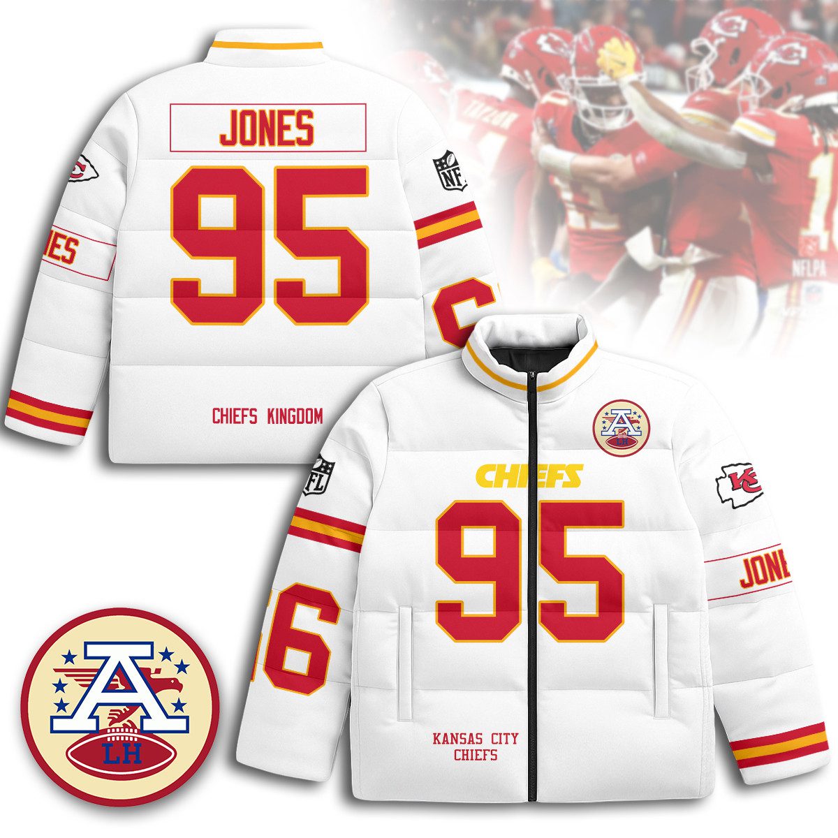Kansas-City-Chiefs-Unisex-Stand-Collar-Puffer-Jacket-White-Chris-Jones-95 Kansas City Chiefs Unisex Stand Collar Puffer Jacket - White / Chris Jones - 95