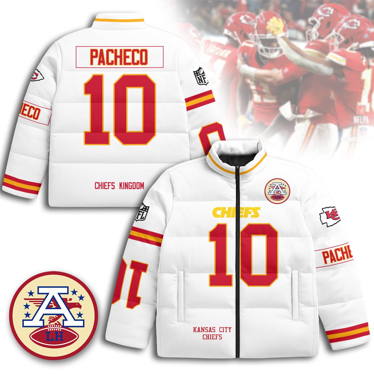 Kansas-City-Chiefs-Unisex-Stand-Collar-Puffer-Jacket-White-Isiah-Pacheco-10 Kansas City Chiefs Unisex Stand Collar Puffer Jacket - White / Isiah Pacheco - 10