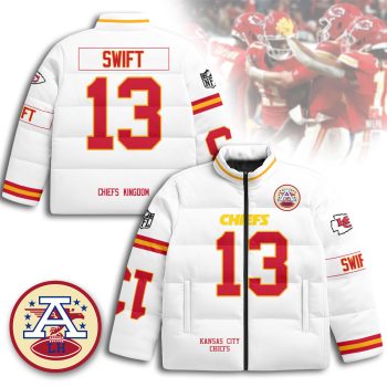 Kansas City Chiefs Unisex Stand Collar Puffer Jacket - White / Taylor Swift - 13