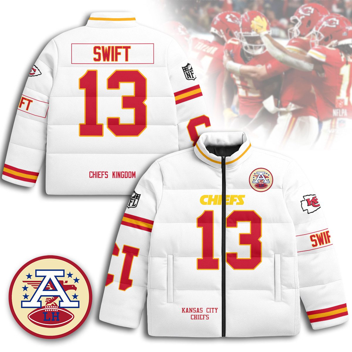 Kansas-City-Chiefs-Unisex-Stand-Collar-Puffer-Jacket-White-Taylor-Swift-13 Kansas City Chiefs Unisex Stand Collar Puffer Jacket - White / Taylor Swift - 13