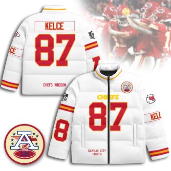 Kansas City Chiefs Unisex Stand Collar Puffer Jacket - White / Travis Kelce - 87