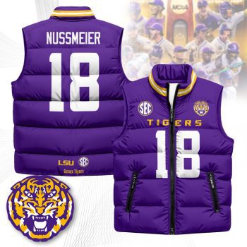 LSU Tigers Unisex Puffer Vest Sleeveless Down Jacket- Purple / Garrett Nussmeier - 18