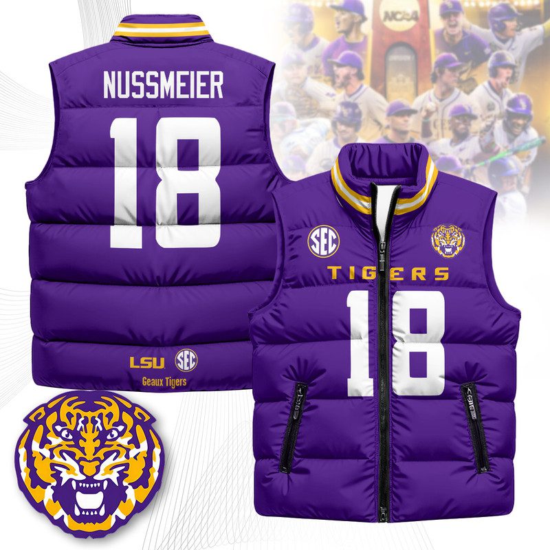 LSU-Tigers-Unisex-Puffer-Vest-Sleeveless-Down-Jacket-Purple-Garrett-Nussmeier-18 LSU Tigers Unisex Puffer Vest Sleeveless Down Jacket- Purple / Garrett Nussmeier - 18