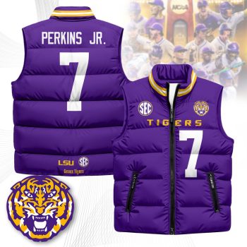 LSU Tigers Unisex Puffer Vest Sleeveless Down Jacket- Purple / Harold Perkins Jr. - 7