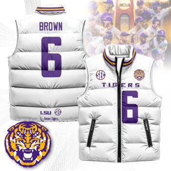 LSU Tigers Unisex Puffer Vest Sleeveless Down Jacket- White / Barion Brown - 6