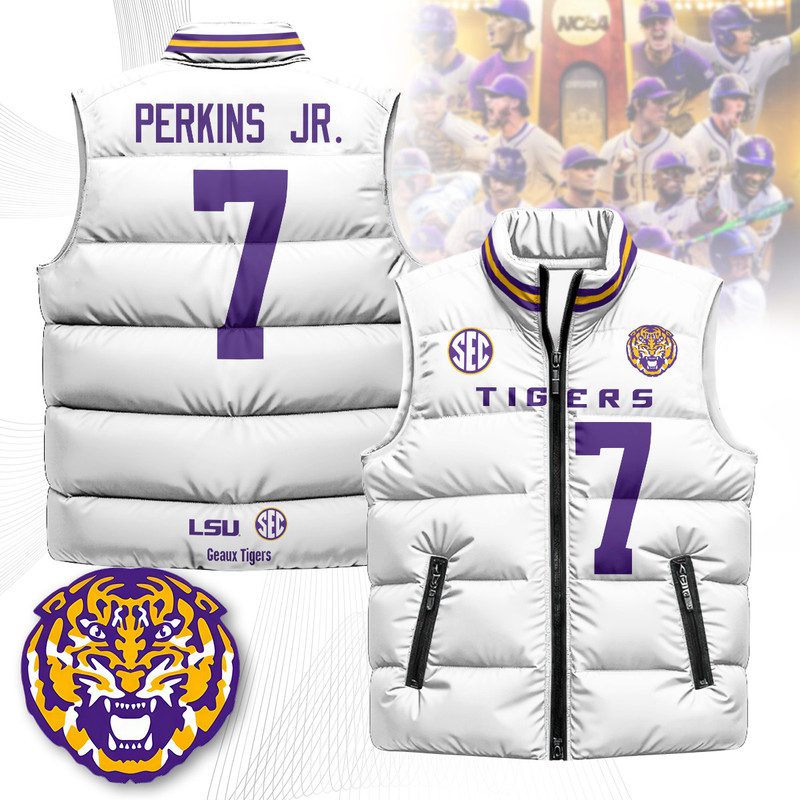 LSU-Tigers-Unisex-Puffer-Vest-Sleeveless-Down-Jacket-White-Harold-Perkins-Jr.-7 LSU Tigers Unisex Puffer Vest Sleeveless Down Jacket- White / Harold Perkins Jr. - 7