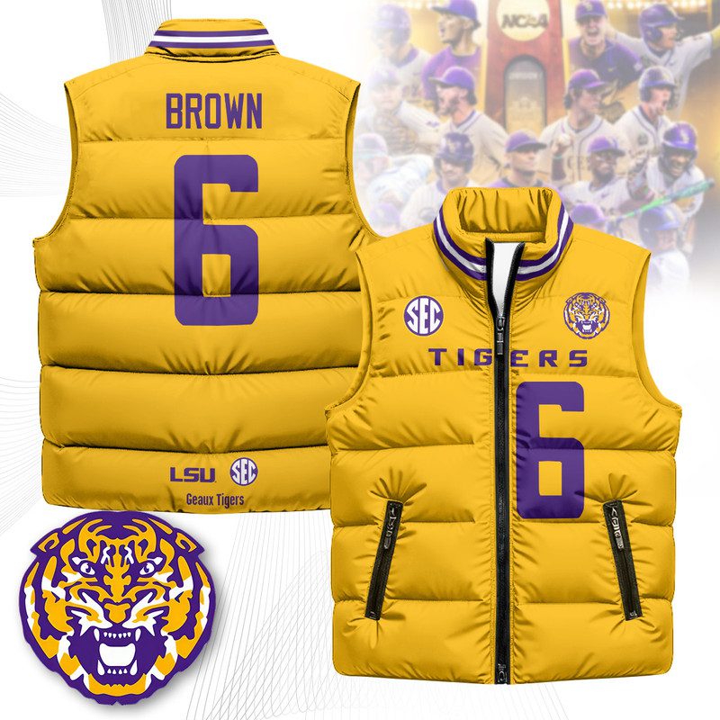 LSU-Tigers-Unisex-Puffer-Vest-Sleeveless-Down-Jacket-Yellow-Barion-Brown-6 LSU Tigers Unisex Puffer Vest Sleeveless Down Jacket- Yellow / Barion Brown - 6