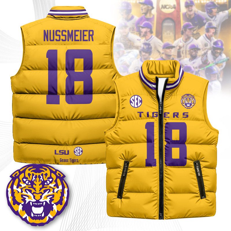 LSU-Tigers-Unisex-Puffer-Vest-Sleeveless-Down-Jacket-Yellow-Garrett-Nussmeier-18 LSU Tigers Unisex Puffer Vest Sleeveless Down Jacket- Yellow / Garrett Nussmeier - 18