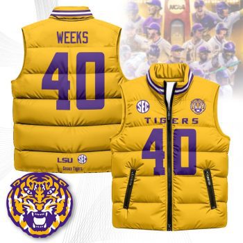 LSU Tigers Unisex Puffer Vest Sleeveless Down Jacket- Yellow / Whit Weeks - 40