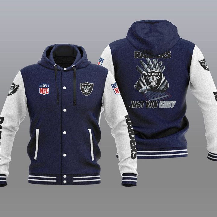 Las-Vegas-Raiders-Hooded-Button-Jacket-Varsity-Jacket-with-Hood-Navy Las Vegas Raiders Hooded Button Jacket Varsity Jacket with Hood - Navy