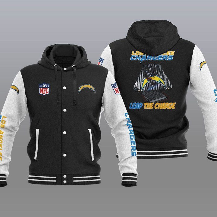Los-Angeles-Chargers-Hooded-Button-Jacket-Varsity-Jacket-with-Hood-Black Los Angeles Chargers Hooded Button Jacket Varsity Jacket with Hood - Black
