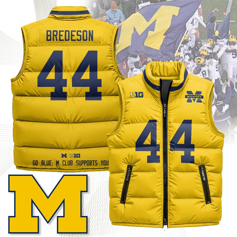 Michigan-Wolverines-Unisex-Puffer-Vest-Sleeveless-Down-Jacket-Maize-Max-Bredeson-44 Michigan Wolverines Unisex Puffer Vest Sleeveless Down Jacket- Maize / Max Bredeson - 44