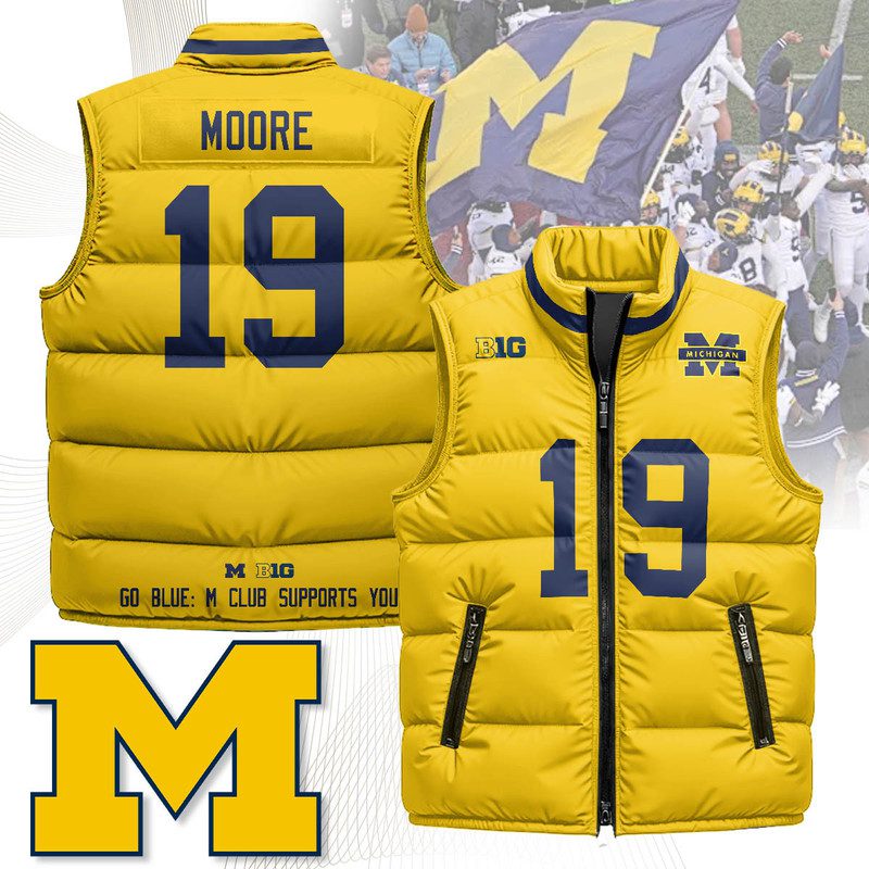Michigan-Wolverines-Unisex-Puffer-Vest-Sleeveless-Down-Jacket-Maize-Rod-Moore-19 Michigan Wolverines Unisex Puffer Vest Sleeveless Down Jacket- Maize / Rod Moore - 19