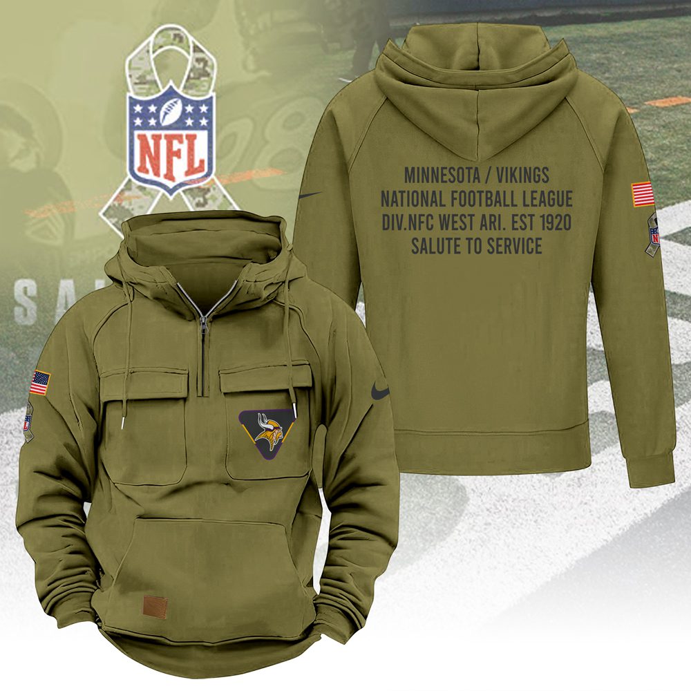 Minnesota-Vikings-2025-Salute-to-Service-Military-Green-Vintage-Quarter-Zip-Hoodie Minnesota Vikings 2025 Salute to Service Military Green Vintage Quarter Zip Hoodie
