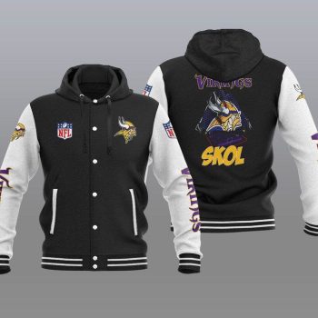 Minnesota Vikings Hooded Button Jacket Varsity Jacket with Hood - Black