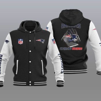 New England Patriots Hooded Button Jacket Varsity Jacket with Hood - Black
