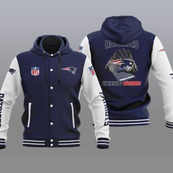 New England Patriots Hooded Button Jacket Varsity Jacket with Hood - Navy
