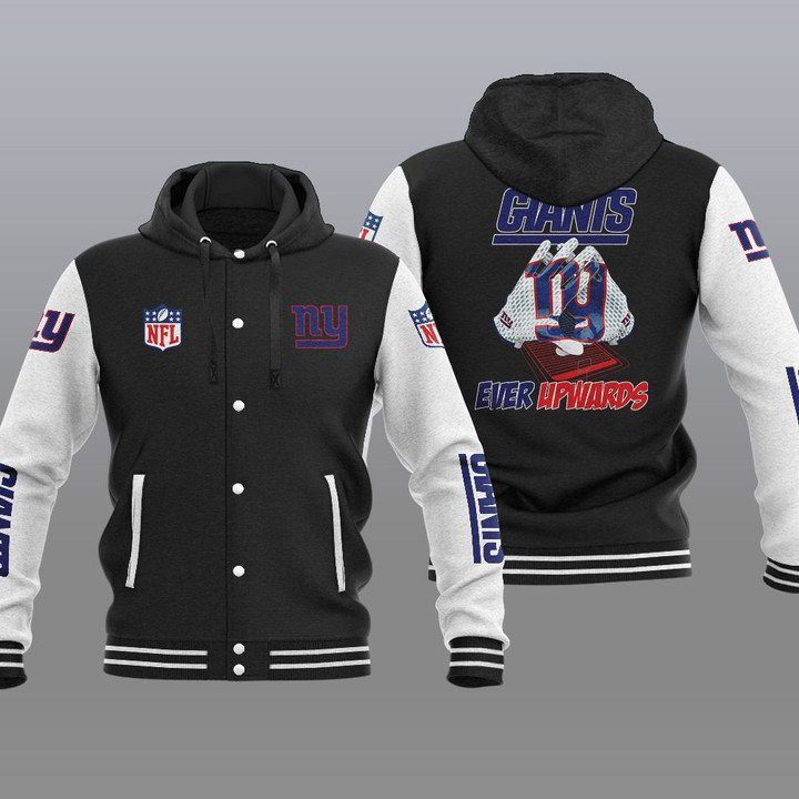 New-York-Giants-Hooded-Button-Jacket-Varsity-Jacket-with-Hood-Black New York Giants Hooded Button Jacket Varsity Jacket with Hood - Black