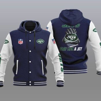 New York Jets Hooded Button Jacket Varsity Jacket with Hood - Navy