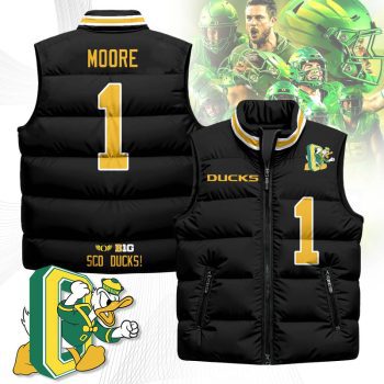 Oregon Ducks Unisex Puffer Vest Sleeveless Down Jacket- Black / Dakorien Moore - 1