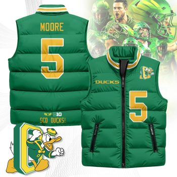 Oregon Ducks Unisex Puffer Vest Sleeveless Down Jacket- Green / Dante Moore - 5
