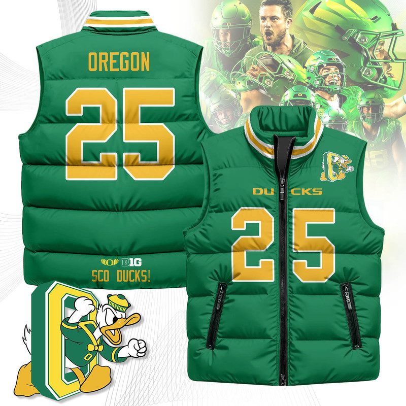 Oregon-Ducks-Unisex-Puffer-Vest-Sleeveless-Down-Jacket-Green-Oregon-25 Oregon Ducks Unisex Puffer Vest Sleeveless Down Jacket- Green / Oregon - 25
