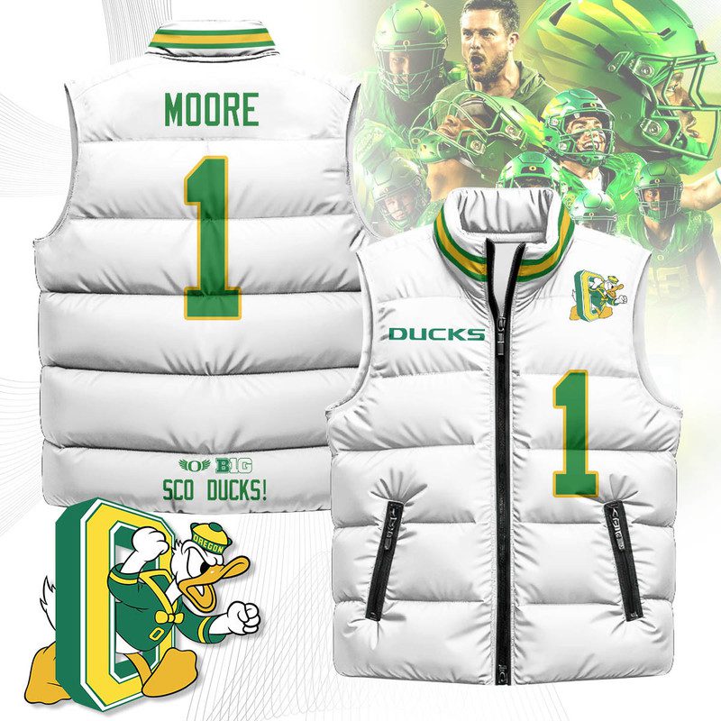 Oregon-Ducks-Unisex-Puffer-Vest-Sleeveless-Down-Jacket-White-Dakorien-Moore-1 Oregon Ducks Unisex Puffer Vest Sleeveless Down Jacket- White / Dakorien Moore - 1