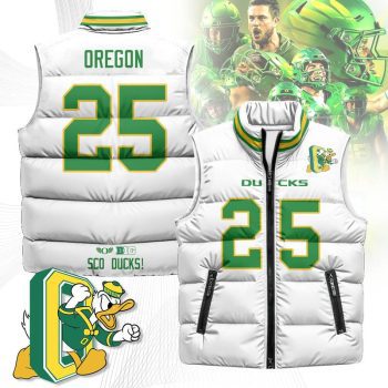 Oregon Ducks Unisex Puffer Vest Sleeveless Down Jacket- White / Oregon - 25