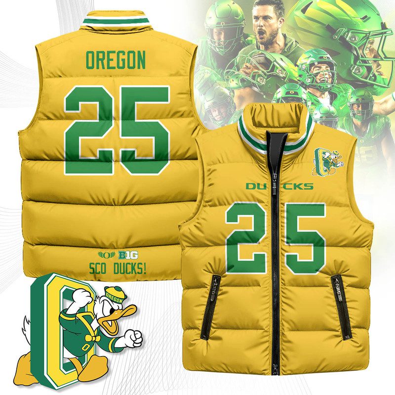 Oregon-Ducks-Unisex-Puffer-Vest-Sleeveless-Down-Jacket-Yellow-Oregon-25 Oregon Ducks Unisex Puffer Vest Sleeveless Down Jacket- Yellow / Oregon - 25