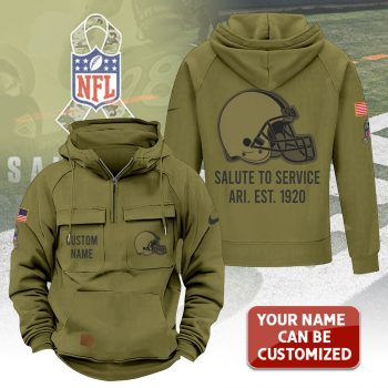 Personalized Cleveland Browns 2025 Salute to Service Military Green Vintage Quarter Zip Hoodie