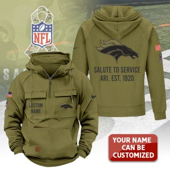 Personalized Denver Broncos 2025 Salute to Service Military Green Vintage Quarter Zip Hoodie
