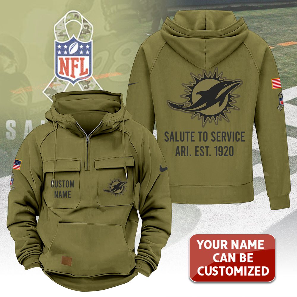 Personalized-Miami-Dolphins-2025-Salute-to-Service-Military-Green-Vintage-Quarter-Zip-Hoodie Personalized Miami Dolphins 2025 Salute to Service Military Green Vintage Quarter Zip Hoodie
