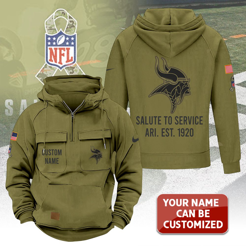 Personalized-Minnesota-Vikings-2025-Salute-to-Service-Military-Green-Vintage-Quarter-Zip-Hoodie-1