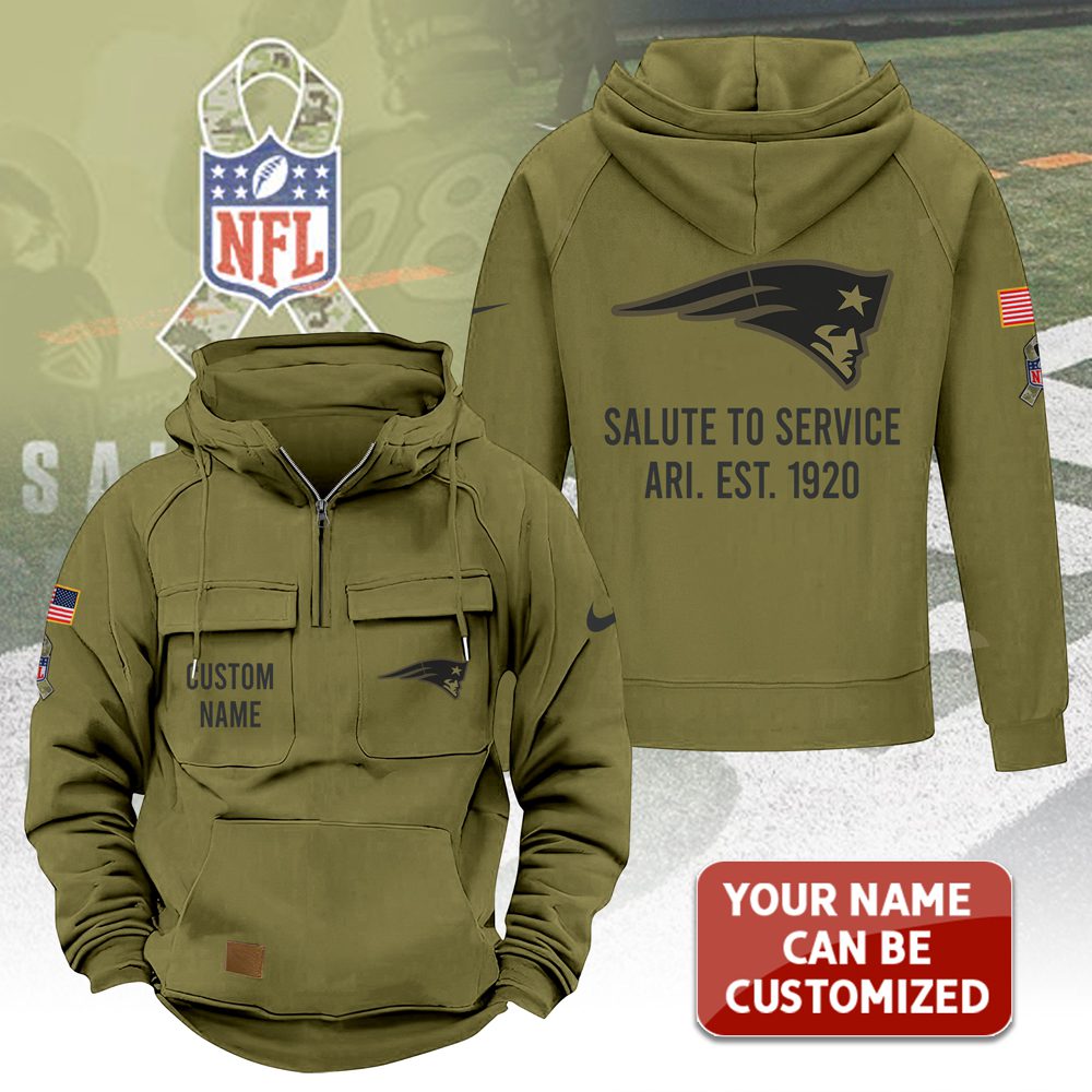 Personalized-New-England-Patriots-2025-Salute-to-Service-Military-Green-Vintage-Quarter-Zip-Hoodie-1