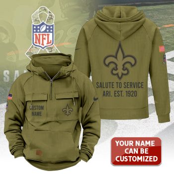 Personalized New Orleans Saints 2025 Salute to Service Military Green Vintage Quarter Zip Hoodie
