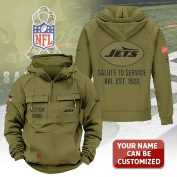 Personalized New York Jets 2025 Salute to Service Military Green Vintage Quarter Zip Hoodie