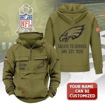 Personalized Philadelphia Eagles 2025 Salute to Service Military Green Vintage Quarter Zip Hoodie