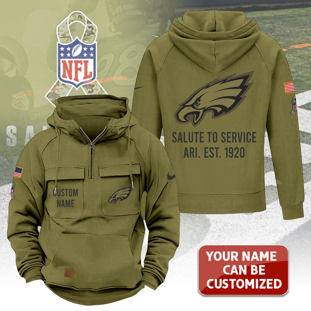 Personalized-Philadelphia-Eagles-2025-Salute-to-Service-Military-Green-Vintage-Quarter-Zip-Hoodie Personalized Philadelphia Eagles 2025 Salute to Service Military Green Vintage Quarter Zip Hoodie