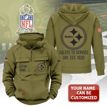 Personalized Pittsburgh Steelers 2025 Salute to Service Military Green Vintage Quarter Zip Hoodie