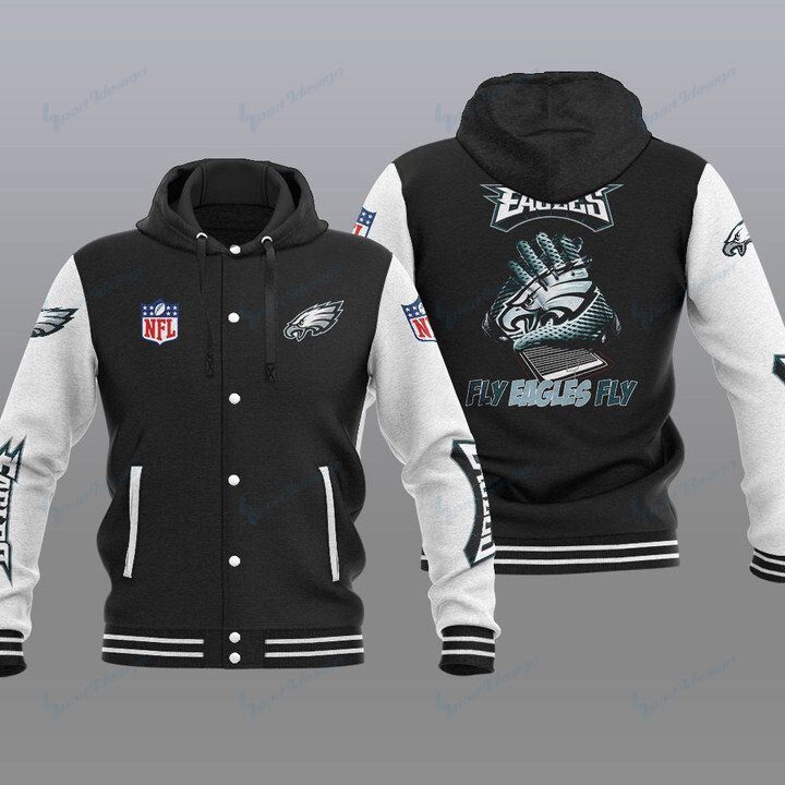Philadelphia-Eagles-Hooded-Button-Jacket-Varsity-Jacket-with-Hood-Black Philadelphia Eagles Hooded Button Jacket Varsity Jacket with Hood - Black