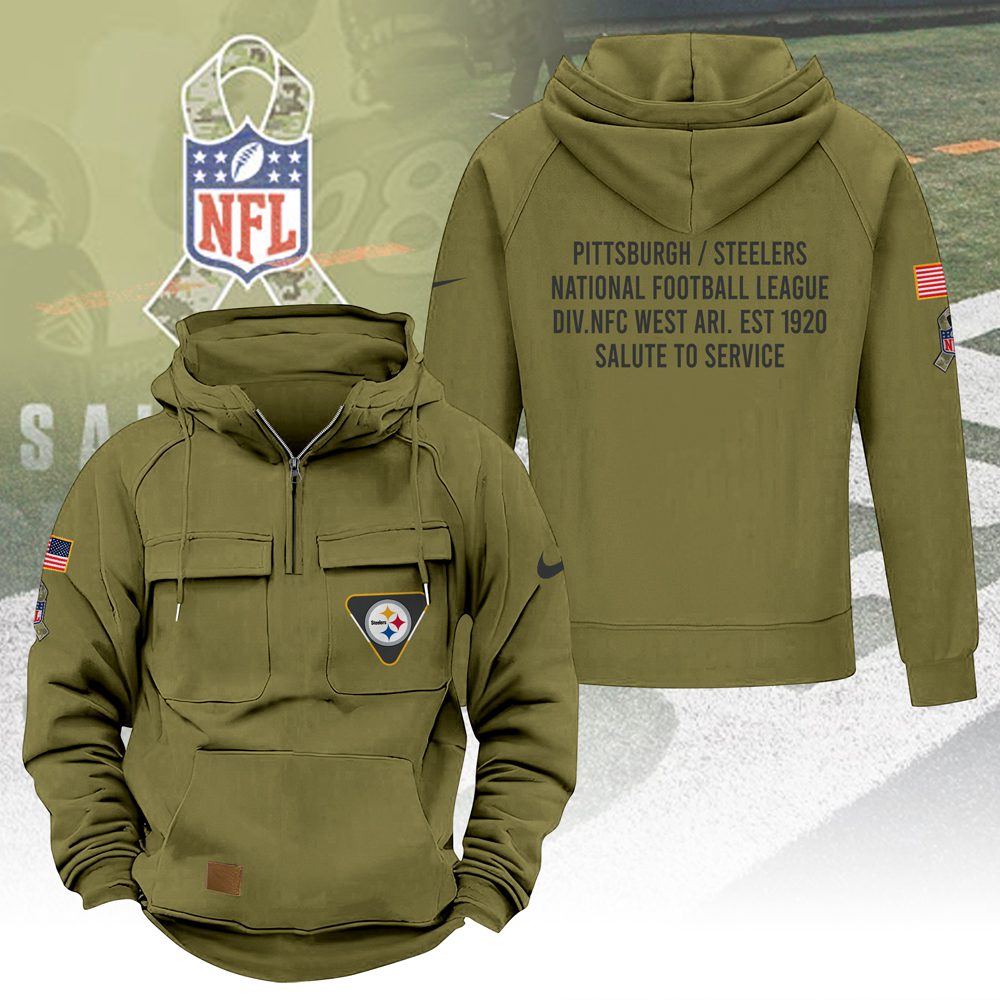 Pittsburgh-Steelers-2025-Salute-to-Service-Military-Green-Vintage-Quarter-Zip-Hoodie Pittsburgh Steelers 2025 Salute to Service Military Green Vintage Quarter Zip Hoodie