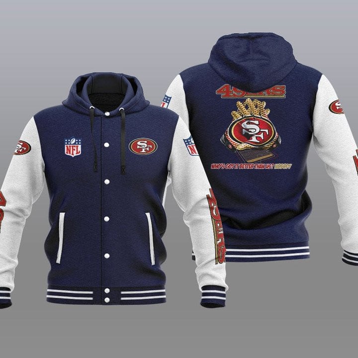 San-Francisco-49ers-Hooded-Button-Jacket-Varsity-Jacket-with-Hood-Navy San Francisco 49ers Hooded Button Jacket Varsity Jacket with Hood - Navy