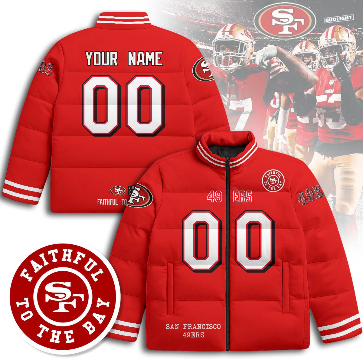 San-Francisco-49ers-Unisex-Custom-Stand-Collar-Puffer-Jacket-Red San Francisco 49ers Unisex Custom Stand Collar Puffer Jacket - Red