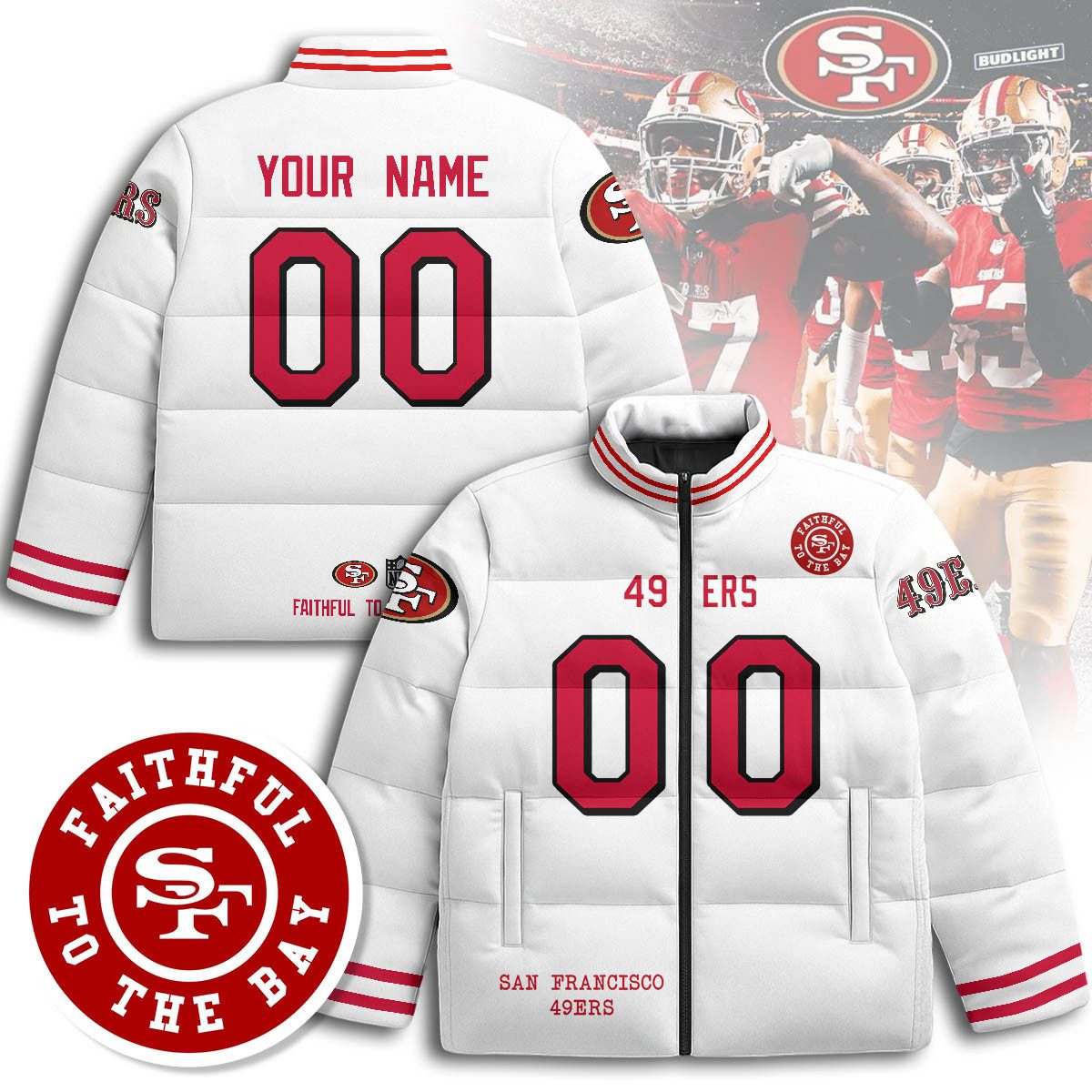San-Francisco-49ers-Unisex-Custom-Stand-Collar-Puffer-Jacket-White San Francisco 49ers Unisex Custom Stand Collar Puffer Jacket - White
