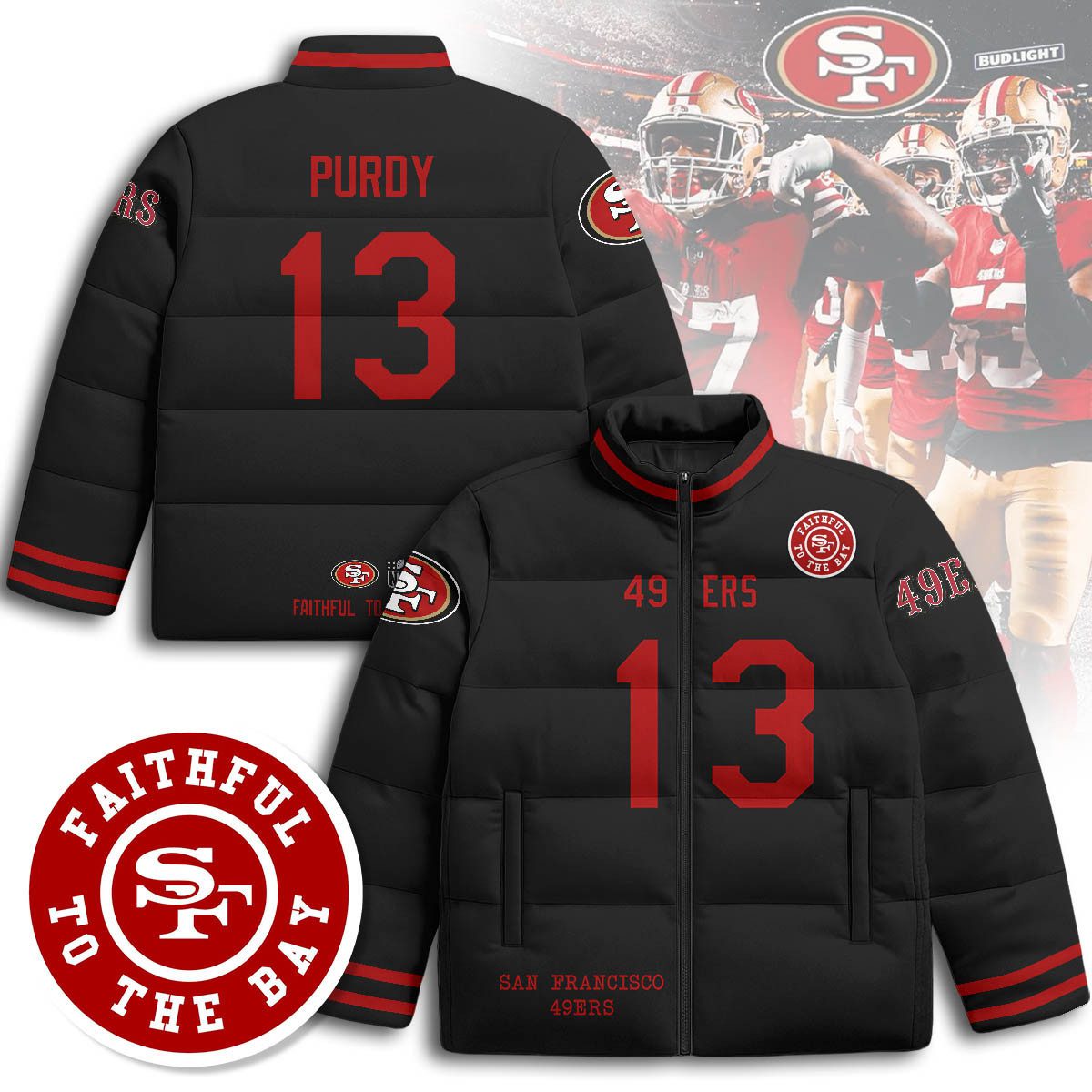 San-Francisco-49ers-Unisex-Stand-Collar-Puffer-Jacket-Black-Brock-Purdy-13 San Francisco 49ers Unisex Stand Collar Puffer Jacket - Black / Brock Purdy - 13