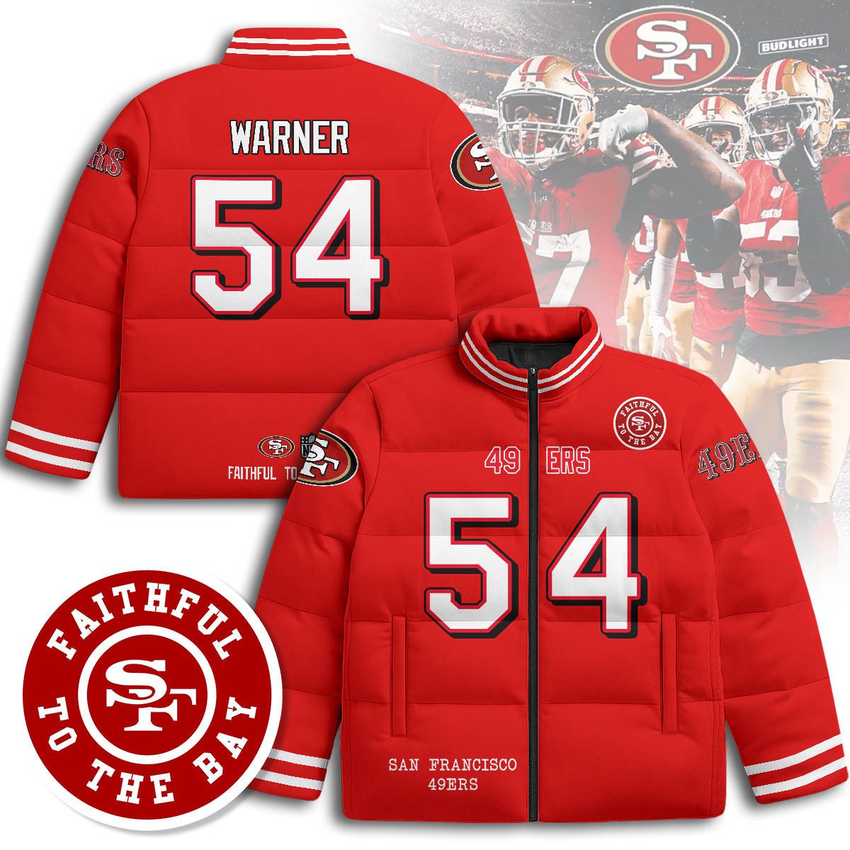 San-Francisco-49ers-Unisex-Stand-Collar-Puffer-Jacket-Red-Fred-Warner-54 San Francisco 49ers Unisex Stand Collar Puffer Jacket - Red / Fred Warner - 54